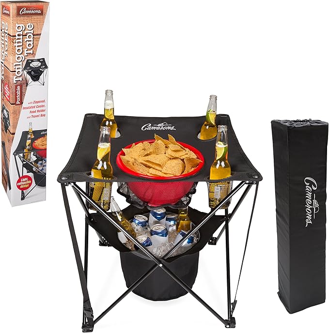 Camerons All-in-One Tailgating Table - Portable Folding Camping Table with Insulated Cooler Food Basket Cup Holders &amp Travel Bag - Collapsible Picnic Table for Outdoor BBQs Beach &amp Camp Tri