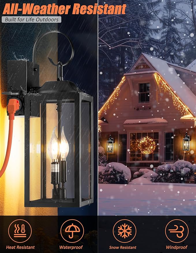 19 Large Porch Light with Outlet Black Large Outdoor Wall Lantern 2-Light Exterior Lighting Fixtures Modern Outdoor Wall Light with Outlet Farmhouse Sconce Lantern for House Front Door Garage