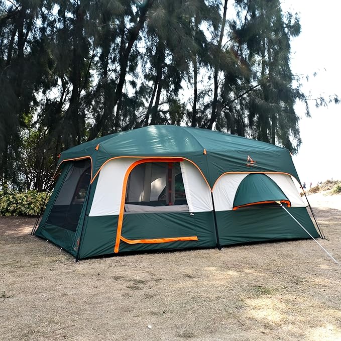 KTT Extra Large Tent 10-12-14 Person(B)Family Cabin Tents2 Rooms3 Doors and 3 Windows with MeshStraight WallWaterproofDouble LayerBig Tent for OutdoorPicnicCampingFamily Gathering