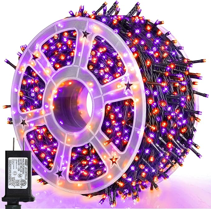 weillsnow 164FT 500 LED Halloween Lights 8 Modes Waterproof Plug in String Lights for Halloween Indoor Outdoor Yard Party Wedding Garden Home Decorations (Purple &amp Orange)
