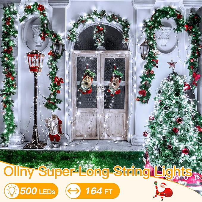 Ollny 500LED 164FT Long Christmas Tree Lights with 8 Modes Remote Timer IP44 Waterproof Outdoor Christmas Lights for Tree House Yard Outside Xmas Decorations White