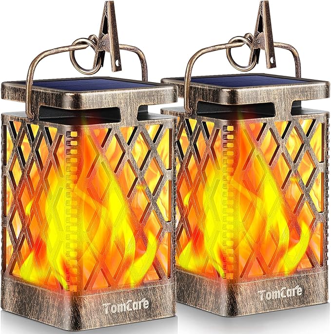 TomCare Solar Lights Outdoor Flickering Flame Solar Lantern Outdoor Hanging Lanterns Decorative Outdoor Lighting Solar Powered Waterproof LED Flame Lights for Patio Garden Deck 2 Pack(Bronze)