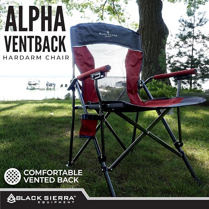 Black Sierra Camping Chair – Folding Portable Lawn &amp Beach Chair with Padded Hard Armrest Mesh Vented Back Spacious Cup Holder Carry Bag – Supports 300 lbs for Sports