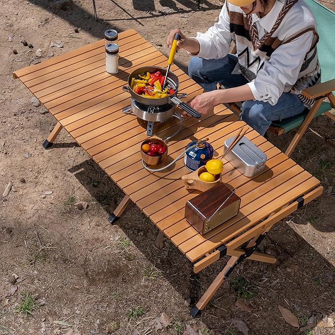 Folding Camping Table Beech Wood Portable Lightweight Roll-up Picnic Table with Carrying Bag for Outdoor Backyards BBQ Beach Party Patio(Natural Wood &amp Big)