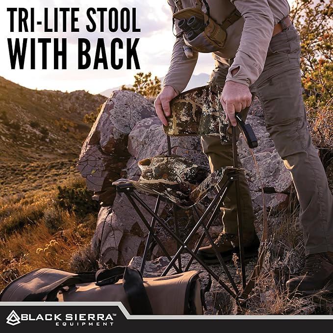 Black Sierra Tri-Lite Stool w/Back Lightweight Portable Fishing Chair w/Cupholder and Carry Strap Supports 225-Lb Portable Outdoor Chair for the Hunting Blind Camping Travel Hiking