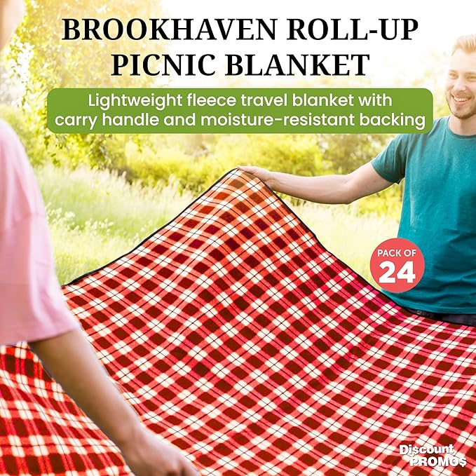 DISCOUNT PROMOS Custom Brookhaven Roll Up Picnic Blankets Set of 24 Personalized Bulk Pack - Great Outdoor Blanket for Camping Picnic Beach Sports Outdoor Activities - Red