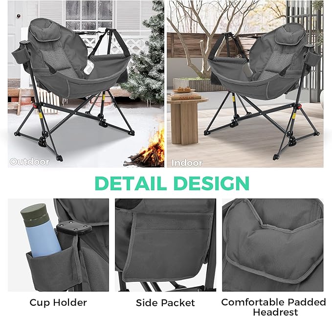 Ainfox Hammock Camping Chair Foldable Portable Rocking Chairs for Adults Outside Swinging Camp with Cup Holder Pillow for Outdoor Patio Lawn (Grey)