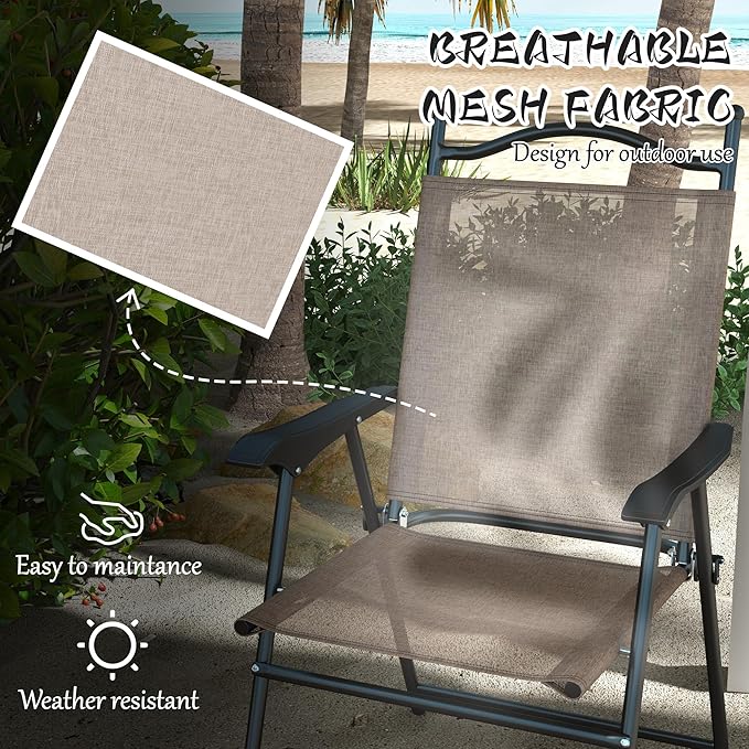 Folding Patio Chairs Set of 4 Sports Chairs for Adults Camping Chairs with Armrests Breathable Mesh Fabric Seat for Lawn Brown