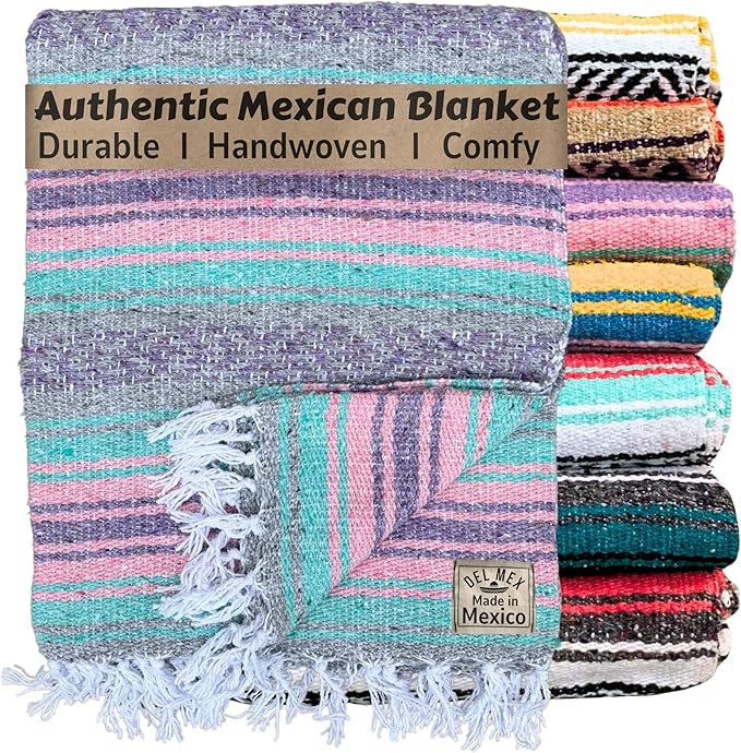 Del Mex Classic Mexican Blanket Large Authentic Woven Falsa Throw (70x50) Artisan Southwest Décor for Beach Yoga Outdoors (Mint/Pink/Gray)