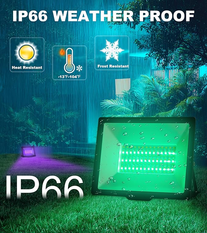 100W LED Flood Light with Remote &amp 6.6Ft Cable Christmas Floodlight RGB IP66 Waterproof Color Changing 5000K White Daylight Timing Waterproof Landscape Light Outdoor Uplight for Event 4 Pack