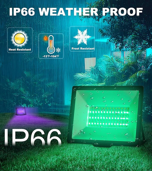 100W LED Flood Light with Remote &amp 6.6Ft Cable Christmas Floodlight RGB IP66 Waterproof Color Changing 5000K White Daylight Timing Waterproof Landscape Light Outdoor Uplight for Event 4 Pack