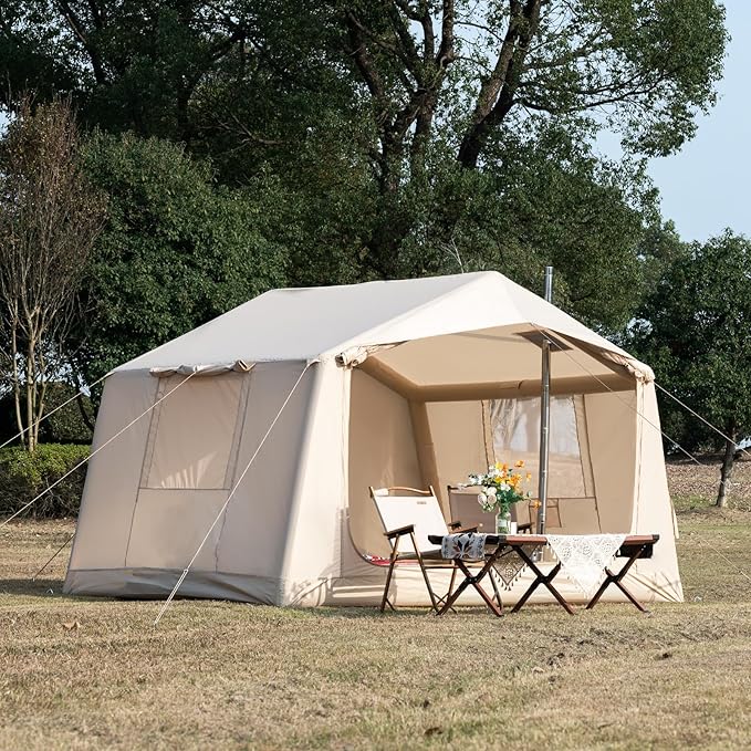 Inflatable Camping Tent with Hand Pump Waterproof Outdoor Blow up Tent 2-8 Person Oxford 4 Season Glamping Air Tent Cabin House with Mesh Windows &amp Door