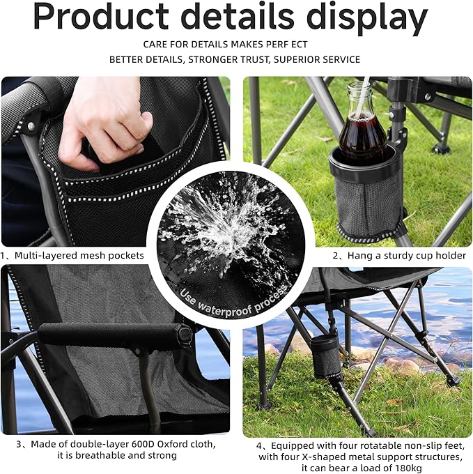 Folding Camping Chair with Cup Holder and Storage Bag Heavy Duty Support 400 LBS Oversized Collapsible Portable Camping Chair for Outdoor Camp Picnic Travel Fishing Grey