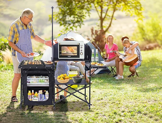 Nice C Camping Kitchen Station Camping Table Picnic Table Portable Grill Table Folding Cook Table Upgrade Light Stand and Windshield Station &amp Organizers Carry Bag for Beach Picnic (Black)