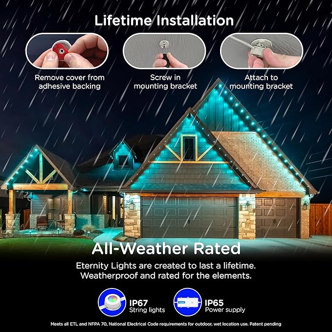 Enbrighten Vibe Eternity Permanent Outdoor Lights for House 100 Feet 72 RGBWIC LEDs Close Spacing 33lm Color Changing Christmas Eave Lighting Smart App Works with Alexa Google Home 81103