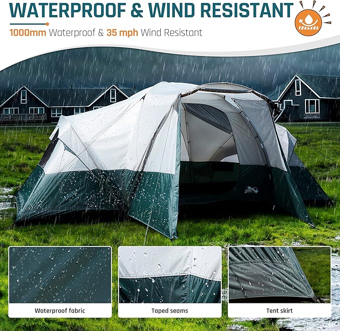 8/10/11 Person Camping Tent with Porch Large Family Tents for Camping PU1000MM Waterproof Tent with 5 Mesh Windows Removable Rainfly Reflective Windproof Rope Big Dome Tent Fits 3 Queen Airbeds