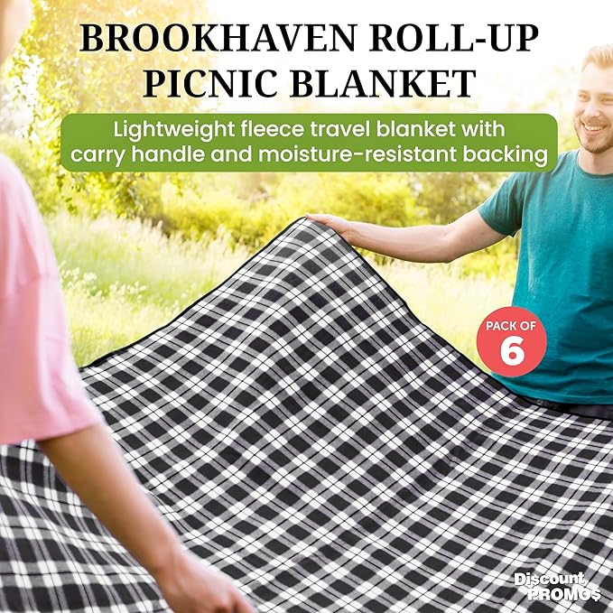 DISCOUNT PROMOS 6 Brookhaven Roll Up Picnic Blankets Set - Customizable Text Logo - Fleece Woven Handle - Grey