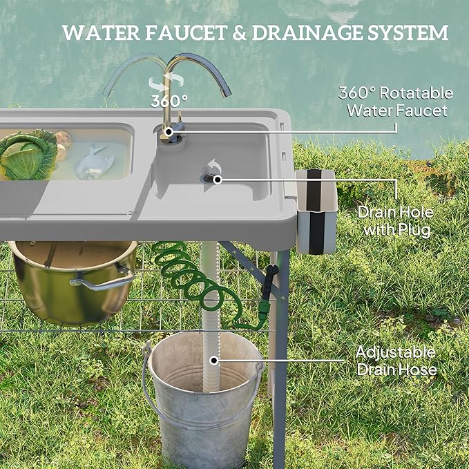 Outsunny Folding Fish Cleaning Table with Sinks Portable Camping Sink Table Gray