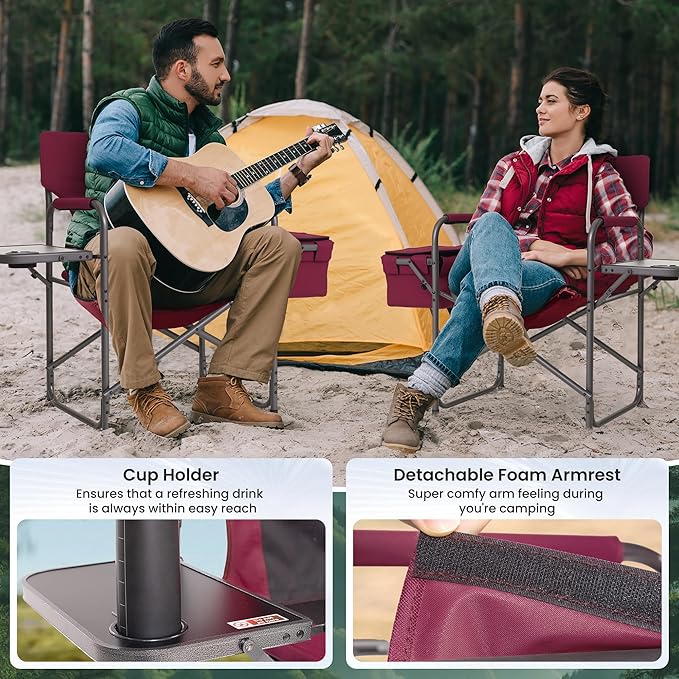 Director Camping Chair - 400lbs Heavy Duty with Cooler Bag &amp Foldable Side Tray Portable Outdoor Lawn Chair for Backyard/Fishing/Beach (Wine Red)
