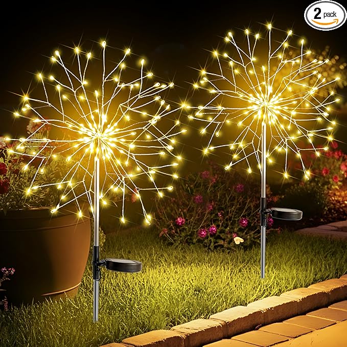 suddus Solar Garden Lights Outdoor Waterproof Decorative Upgrade 2Pack 150LED Firework Lights Solar Fairy Lights for Yard Garden Party Patio Pathway Flowerbed - Warm White