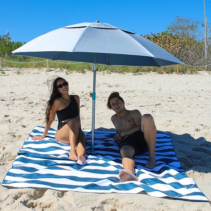 Plush Microfiber Beach Blanket Extra Large Beach Mat for 3-6 Persons Sandproof Windproof | Hole for Umbrella Corner Sand Pockets to Fight Wind (Bag for Blanket Included)
