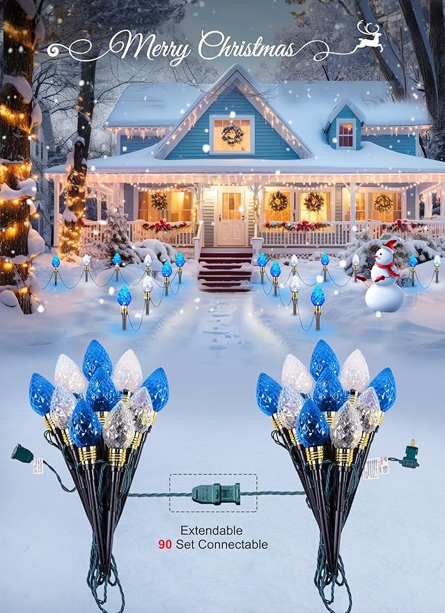 Brightown 2 Pack Strawberry C9 Christmas Pathway Lights Outdoor - Total 34.8 Feet 20 LED Christmas Walkway Lights Christma Light Outdoor Decorations for Yard Lawn Holiday Outside Blue &amp Pure Whi