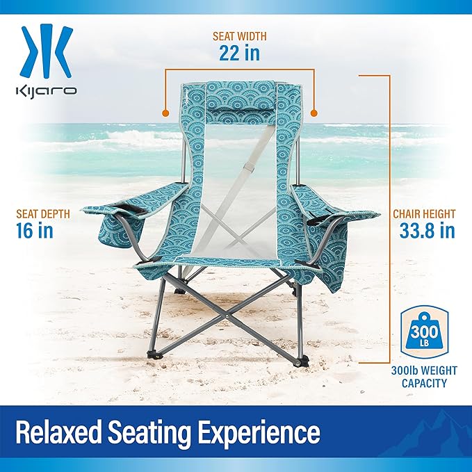 Kijaro Beach Sling Chair with Cooler Pocket - Various Fun Colors &amp Patterns - Perfect Beach Folding Chair and Camping Chair - Includes a Detachable Pillow