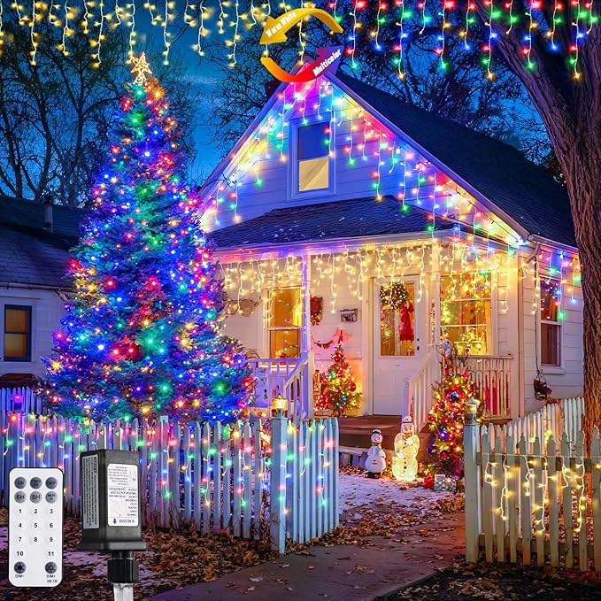 JMEXSUSS Color Changing Outdoor Waterproof Icicle Lights 400 LED with Remote Warm White to Multicolor for Christmas Eaves Party Decorations