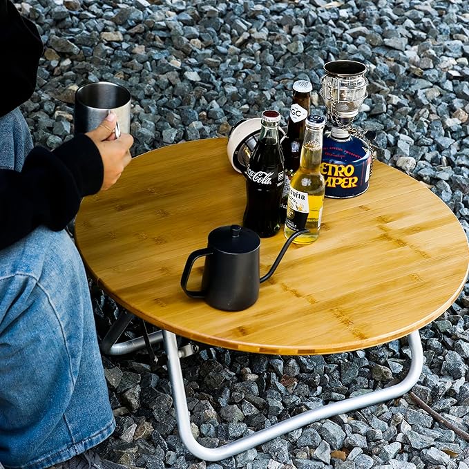 Bamboo Round Folding Table - Portable Low Camping Table for Indoor &amp Outdoor Picnic Barbecue Beach Party Half-Fold Design