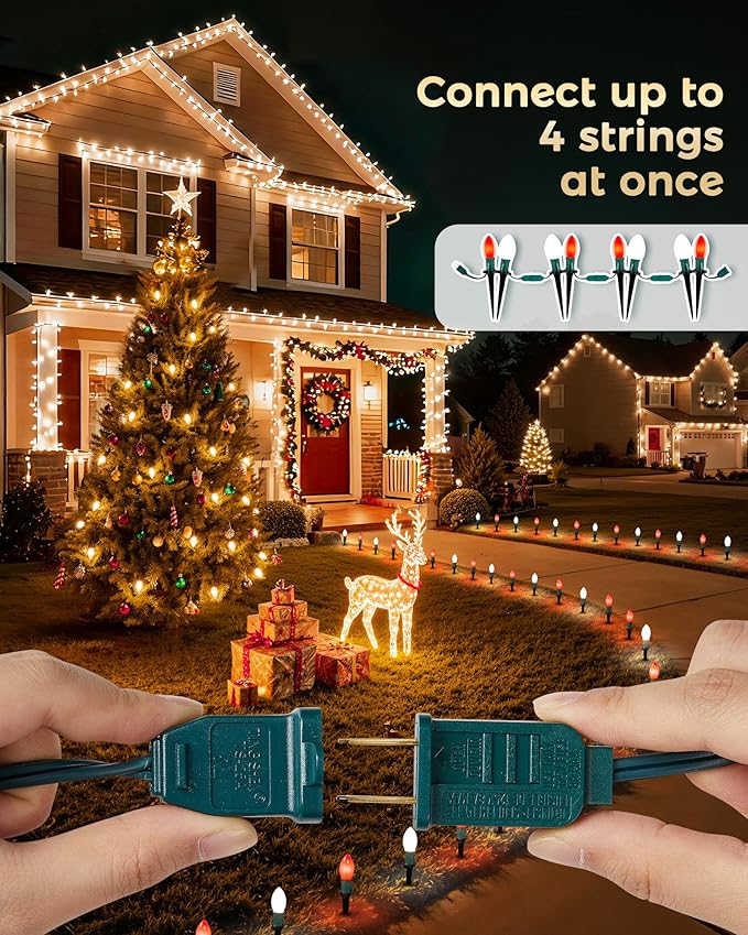 Brightown Frosted C9 LED Christmas Lights Outdoor 2 Packs Total 51.4Ft 40 LED Bulbs Pathway Lights Christmas Decorations Outside Driveway Waterproof Walkway Sidewalk Red and White