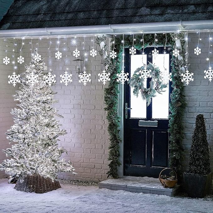 Toodour Christmas Snowflake Lights Outdoor 17.22ft 264 LED Snowflake Icicle Lights with 22 Drops Connectable 8 Modes Waterproof White Christmas Light for Curtain Eaves Window Xmas Decorations
