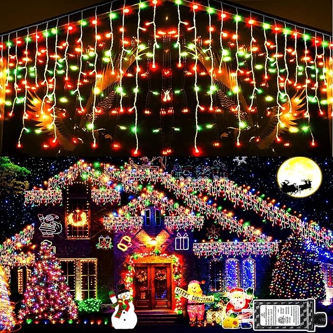 KNONEW 99ft 1216 LED Christmas Lights Outdoor Decorations with 228 Drops 8 Modes Curtain Fairy Light Clear Wire LED String Light Decor for Wedding Party Christmas (Red and Green)