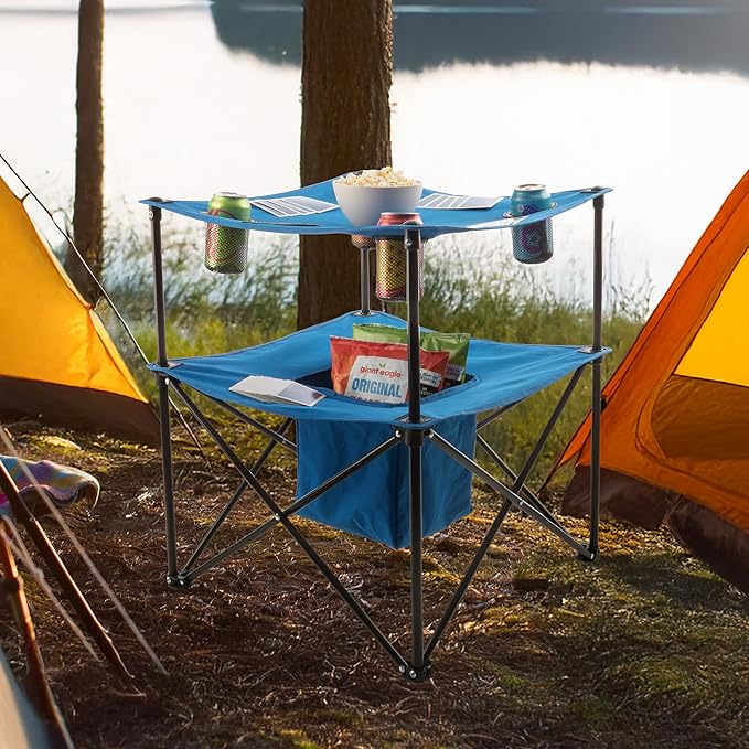 Wakeman Folding Camping Table - Small Folding Table Portable Outdoor Lightweight Tabletop with 4 Cupholders Food Basket and Travel Bag for Camp Beach or Tailgating Essentials Outdoors (Blue)