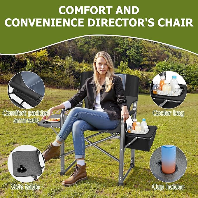 Camping Directors Chairs for Adults Heavy Duty with Table and Cooler Bag Oversized Portable Folding Chair for Beach Fishing Trip Picnic(Breathable Comfort Cushion Black)