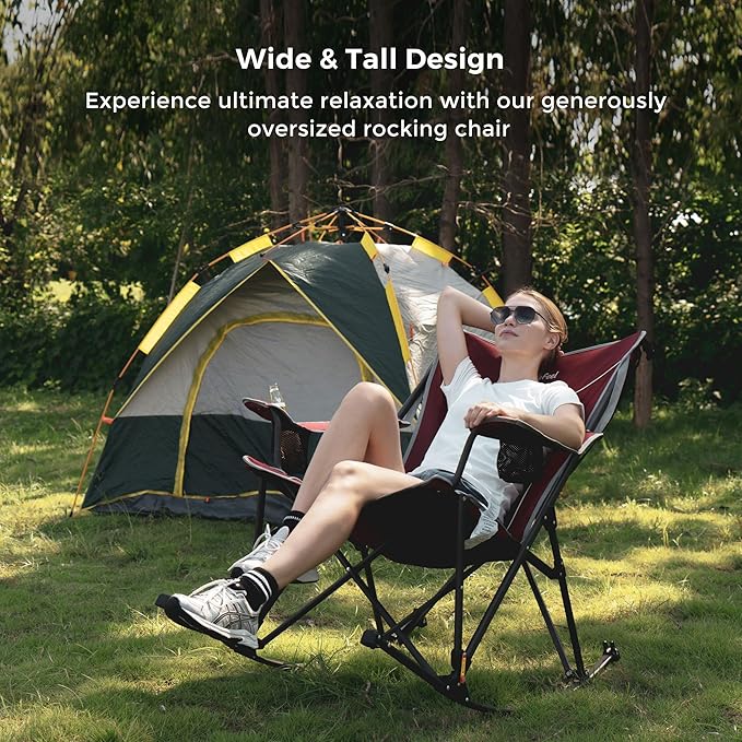 SUNNYFEEL Oversized Folding Rocking Camping Chair with Buckle Design Outdoor Rocker High Back Lawn Camp Rocker Chair with Cup Holder Heavy Duty 500 LBS for Outdoor/Camping/Lounge/Patio with Carry Bag