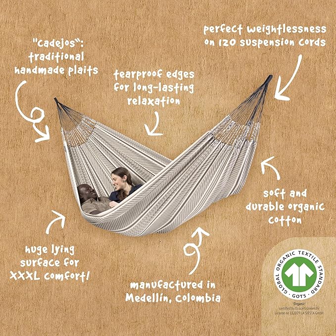 La Siesta Flora Classic Organic Cotton Hammock - Indoor/Outdoor Patio Bed Portable 2-Person Double Hammock - King Zebra