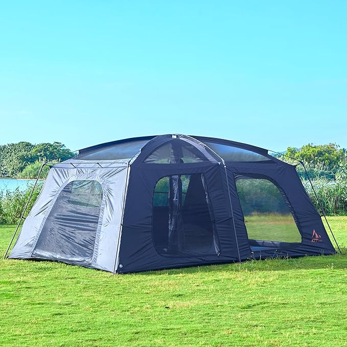 KTT Extra Large Tent 12-14 PersonFamily Cabin Tents2 RoomsStraight Wall2 Doors 4 Windows with MeshWaterproofStraight WallBig Tent for OutdoorPicnicCampingGathering(Brown)