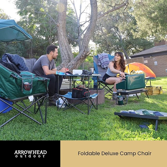 ARROWHEAD OUTDOOR 2-Pack Portable Deluxe Folding Camp Quad Chair w/Headrest Glass &amp Cup Holders Armest 6-can Cooler Heavy Duty Carry Bag 550 lbs Weight Capacity