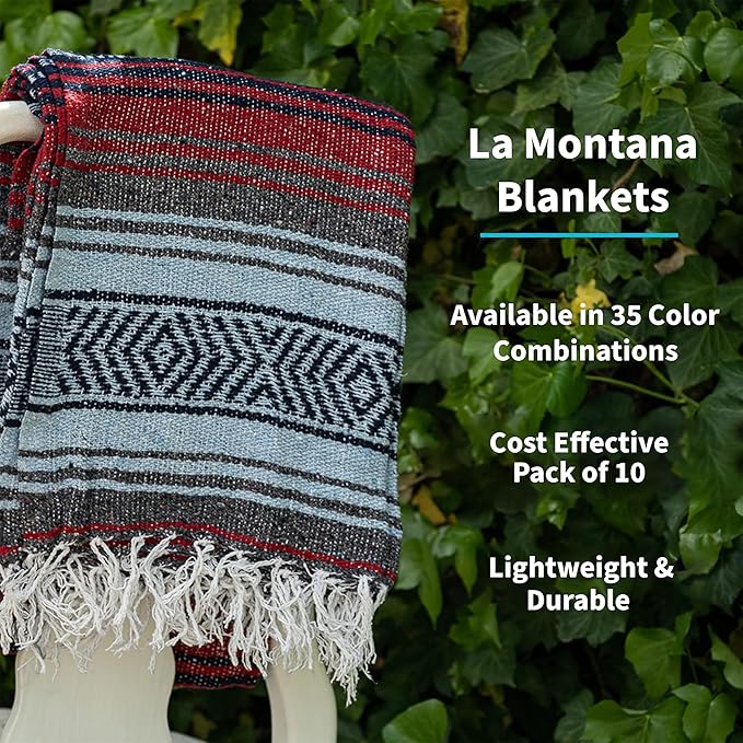 La Montana Mexican Blankets and Throws 4 Pack 74x50 - Made in Mexico Lightweight Yoga Blanket for Schools Studios Outdoors Camping Picnic Decor - Washable Red/Light Blue/Charcoal