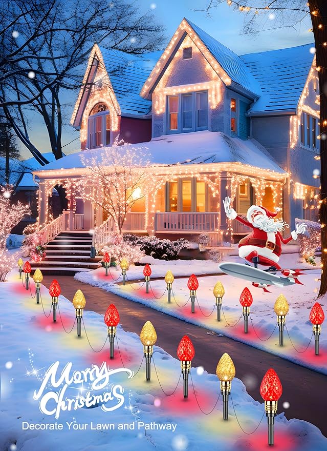 Brightown 2 Pack Strawberry C9 Christmas Pathway Lights Outdoor - Total 34.8 Feet 20 LED Christmas Walkway Lights Christma LightsOutdoor Decorations for Yard Lawn Holiday Outside Red &amp Warm Whit