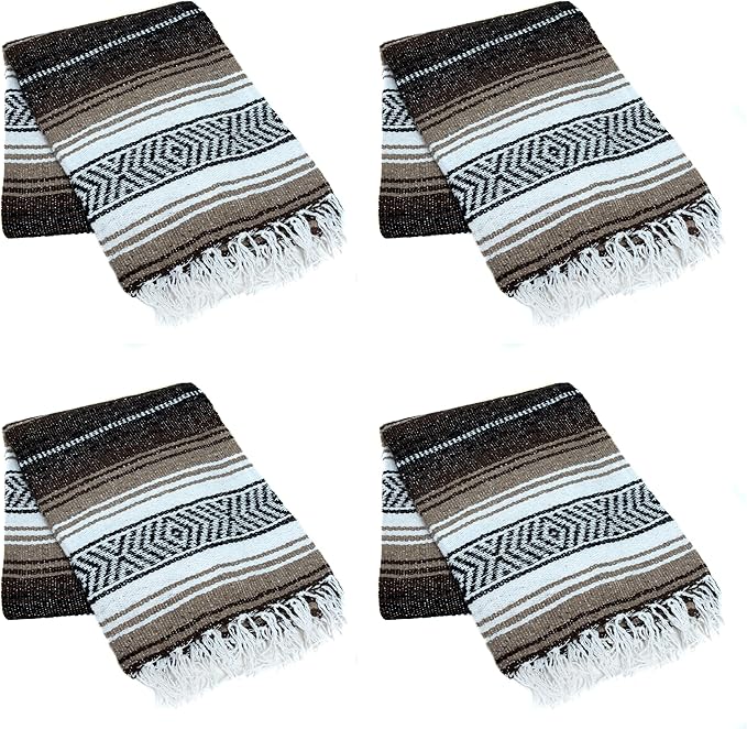 La Montana Mexican Blankets and Throws 4 Pack 74x50 - Made in Mexico Lightweight Yoga Blanket for Schools Studios Outdoors Camping Picnic Decor - Machine Washable Dark Brown/Mocha/White