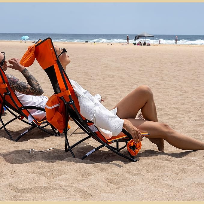 ARROWHEAD OUTDOOR 2-Pack Low Seating + 20° Reclining Folding Beach Chair w/Padded Headrest Foam Armrest Cup Holder Carry Bag 300 LBS Weight Capacity