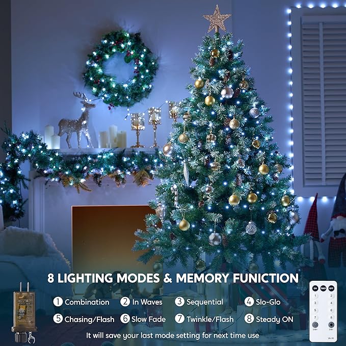 Joiedomi 600 LED Christmas Lights Outdoor198 FT Cool White Christmas Tree Lights with 8 Modes Timer PVC Green Wire String Lights with Reel for Indoor Outdoor Holiday Xmas Eve Night Decorations