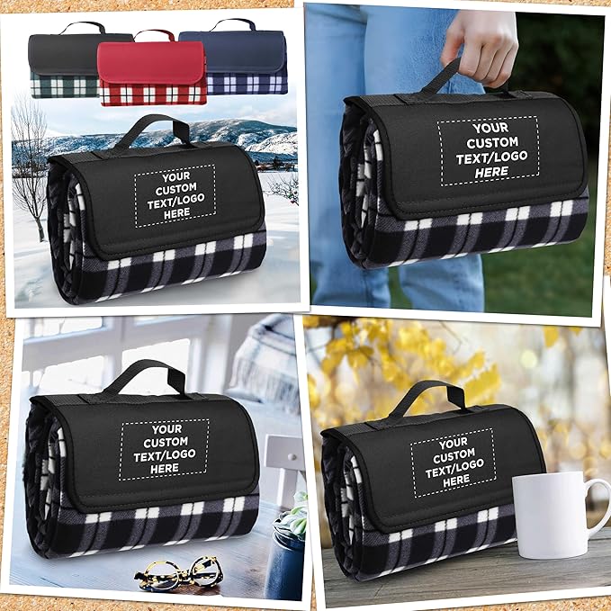 DISCOUNT PROMOS 6 Brookhaven Roll Up Picnic Blankets Set - Customizable Text Logo - Fleece Woven Handle - Grey