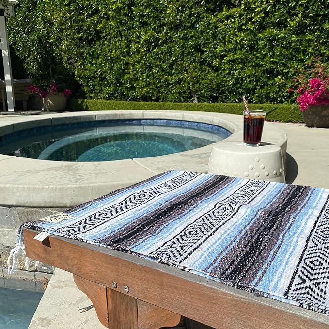Del Mex Classic Mexican Blanket Large Authentic Woven Falsa Throw (70x50) Artisan Southwest Décor for Beach Yoga Outdoors (Light Blue)