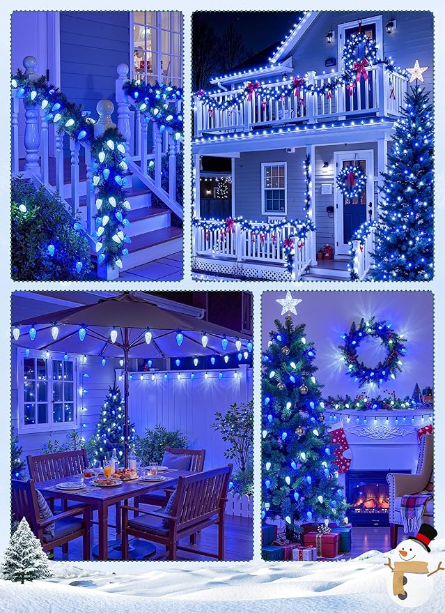 C9 LED Christmas Lights Outdoor 99 Feet 150 LED String With 150 Spring Clips Waterproof Connectable Christmas Tree Lights for Outside Roofline Patio Home Xmas Decor Blue &amp Pure White