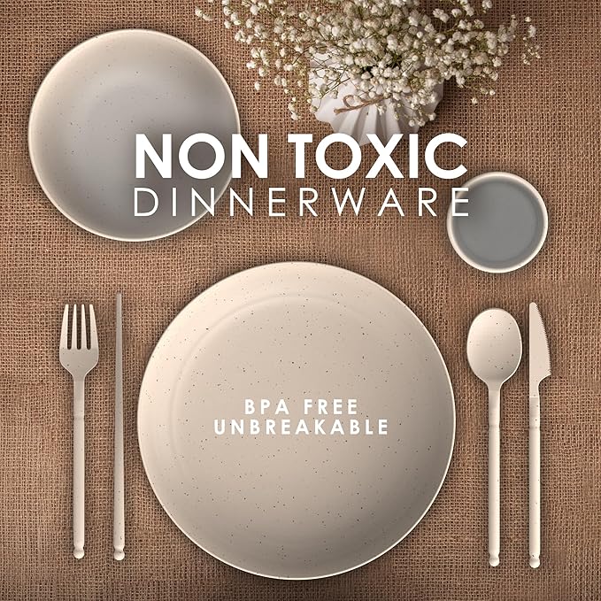 Wheat Straw Dinnerware Sets for 4 - Alternate To Plastic Dinnerware Set - Dishwasher Safe Microwave Plates - Lightweight Wheatstraw Dishes - Unbreakable Camping Plates &amp RV Dishes