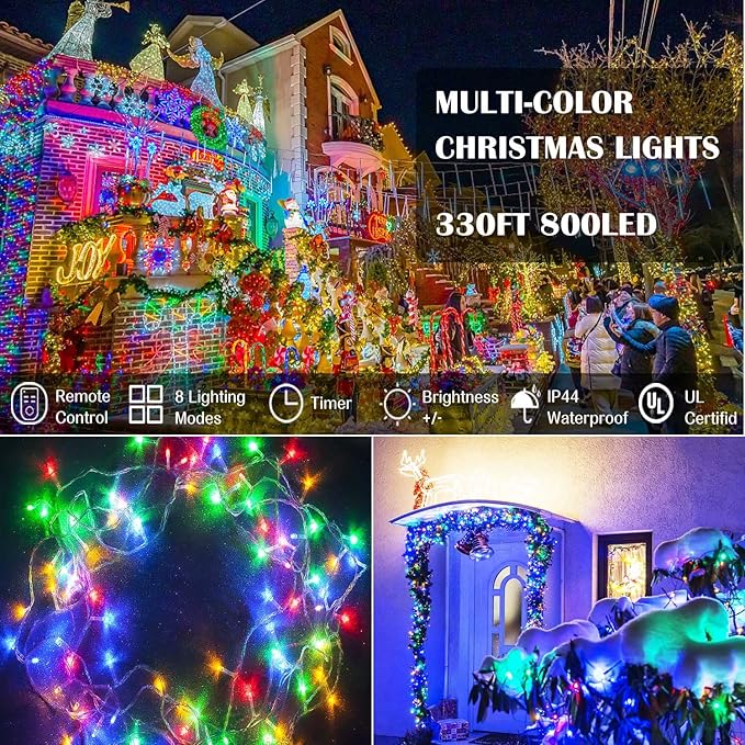 Christmas Lights Outdoor 800LED 330FT Multicolor String Lights 8 Modes Timer Plug in Waterproof Indoor Outdoor Christmas Lights for Christmas Wedding Garden Yard Party Tree Decoration