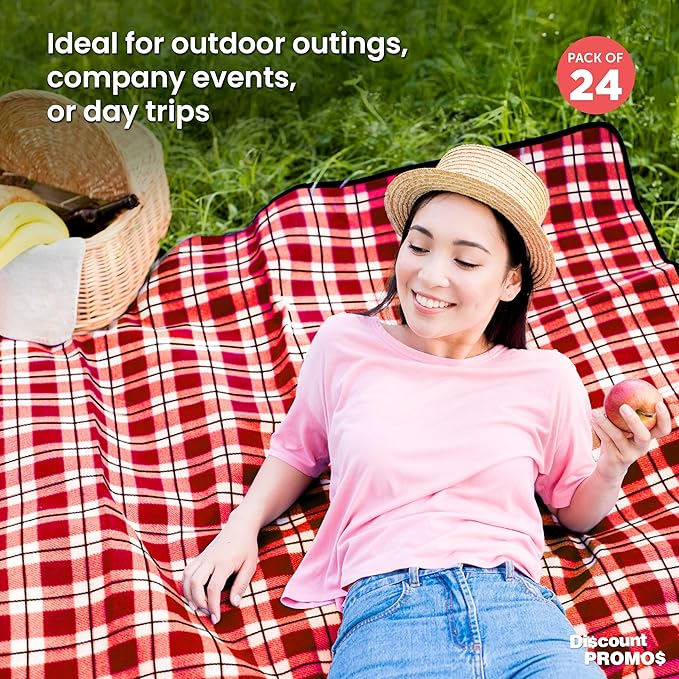 DISCOUNT PROMOS Custom Brookhaven Roll Up Picnic Blankets Set of 24 Personalized Bulk Pack - Great Outdoor Blanket for Camping Picnic Beach Sports Outdoor Activities - Red