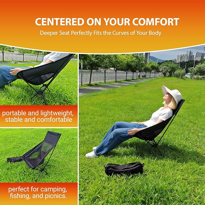 IEJ High Back Camping Chair Ultra-Lightweight Compact Folding Backpacking Chair for Adults with Carry Bag Quick Setup for Outdoor Camping Beach &amp Hiking Travel-Black